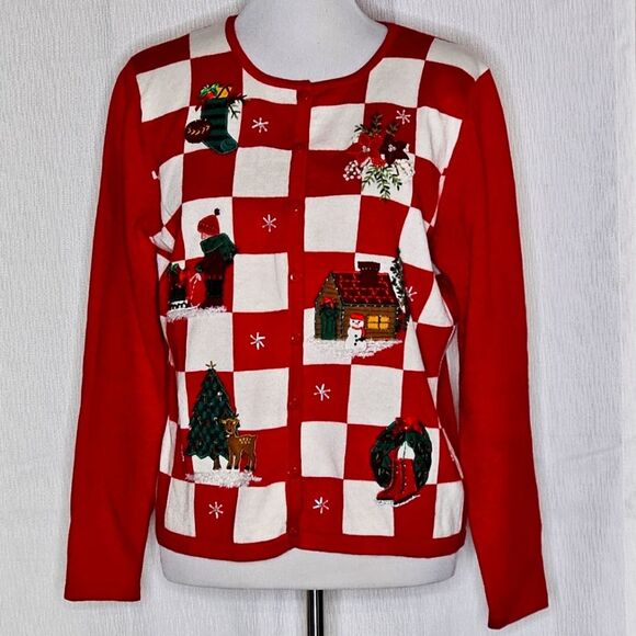 Dress Barn Embellished Red & White Checkered Ugly Christmas Cardigan Sweater - Picture 1 of 12